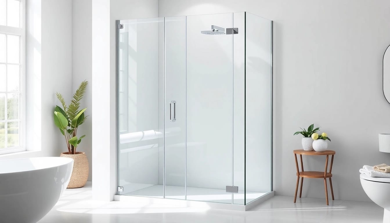 Duschkabine 90x90 in modernem Badezimmer mit glasklaren Türen und eleganten Armaturen.