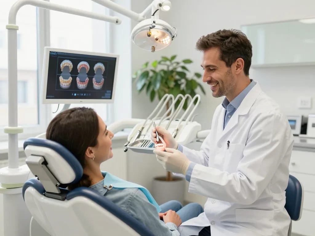 Eine Patientenberatung über Zahnkrone Wien mit einem freundlichen Zahnarzt in einer modernen Zahnarztpraxis, die verschiedene Kronenoptionen und eine warme Atmosphäre zeigt.