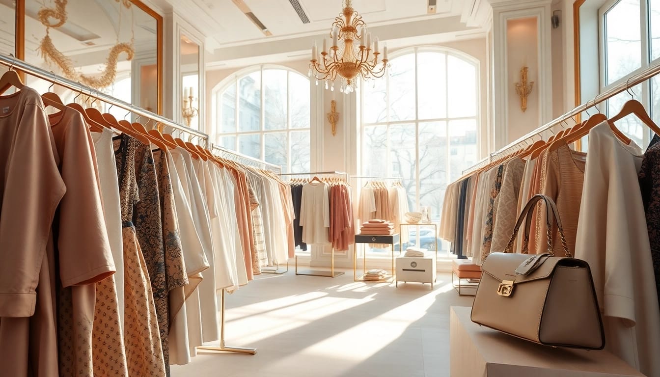 Alvionz luxury fashion store displaying exquisite designer collections in an elegant setting.