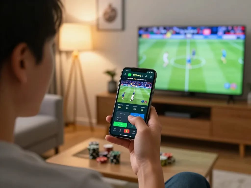 Engaged bettor using the 789win2.us.com app while watching sports in a cozy living room.