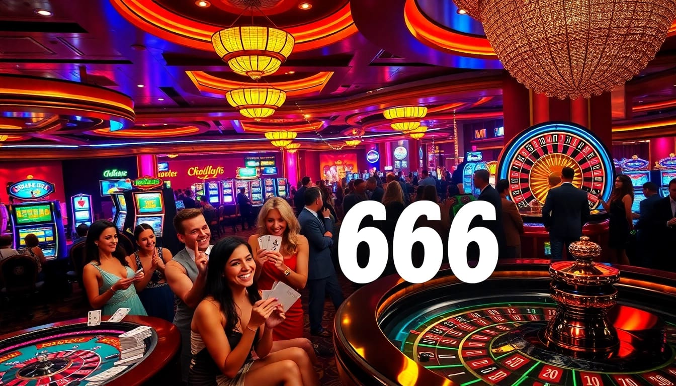 S666 players celebrating wins at a vibrant casino, showcasing excitement and glamour in gambling.