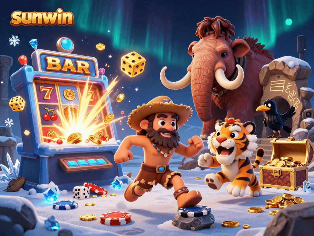 Experience the thrills of sunwin with a vibrant prehistoric casino scene featuring cavemen and jackpots.