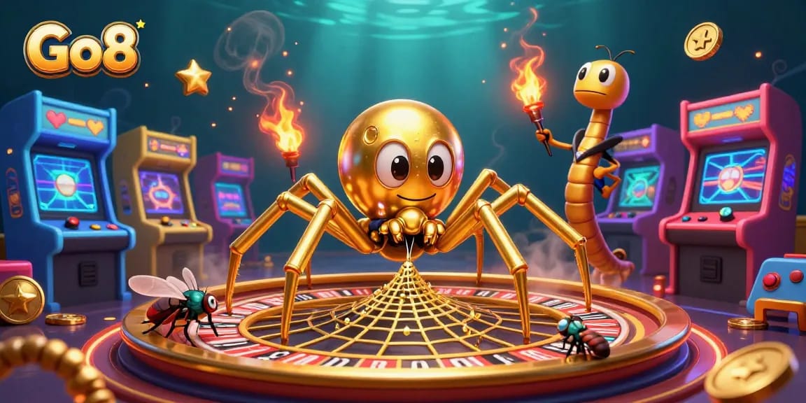 Experience thrilling gameplay at Go8 with a vibrant illustration of a spider and a betting fly amidst arcade excitement.