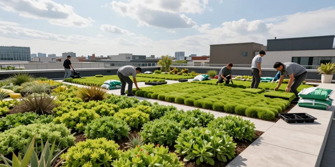 Installation eines umfangreichen Dachgartens mit lebhaften Sedum-Pflanzen, Fokus auf intensiver Dachbegrünung.