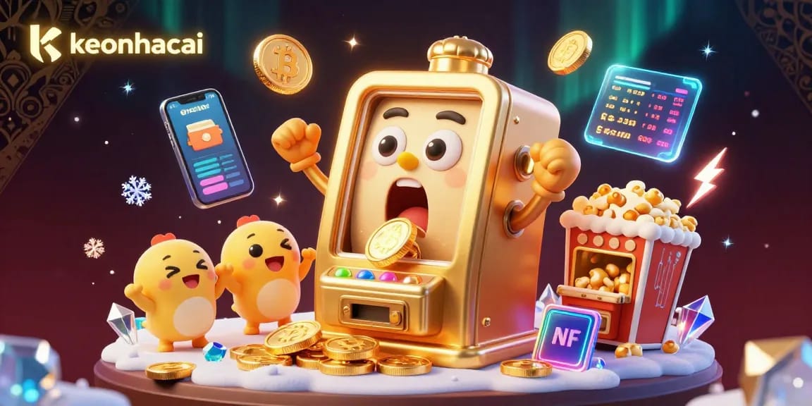 Experience the excitement of keonhacai with a golden slot machine hitting a jackpot amidst crypto elements.