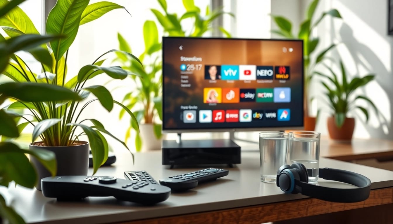 Streamisly iptv auf einem modernen Fernseher mit Fernbedienungen und Pflanzen im Hintergrund.
