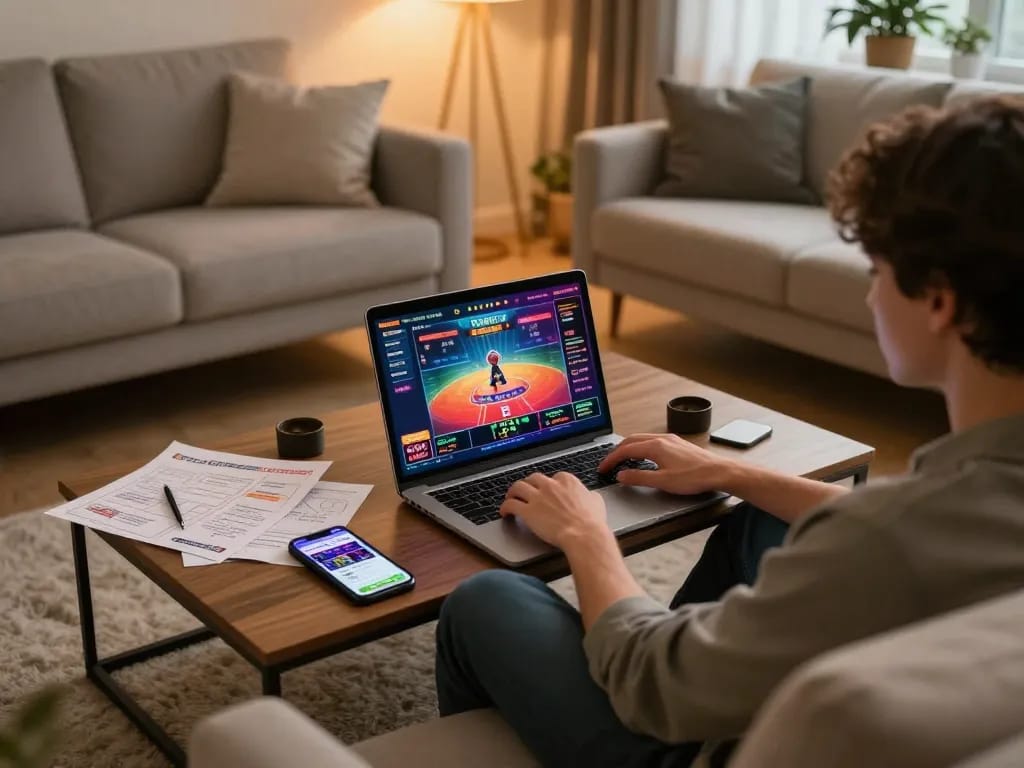 Player engaging in online casino gaming at https://vaobet.locker/ with a laptop and smartphone.