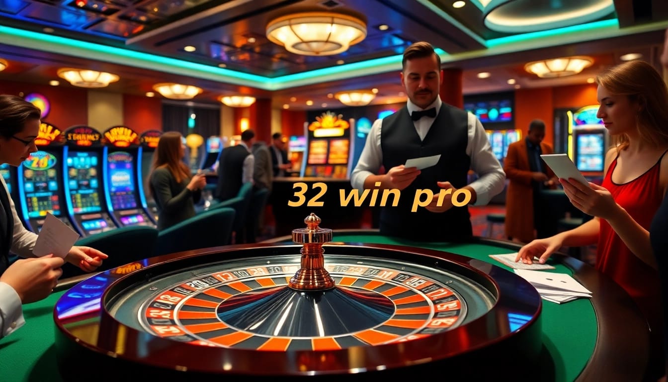 A thrilling casino scene featuring players at the roulette table embracing the excitement of 32 win pro.