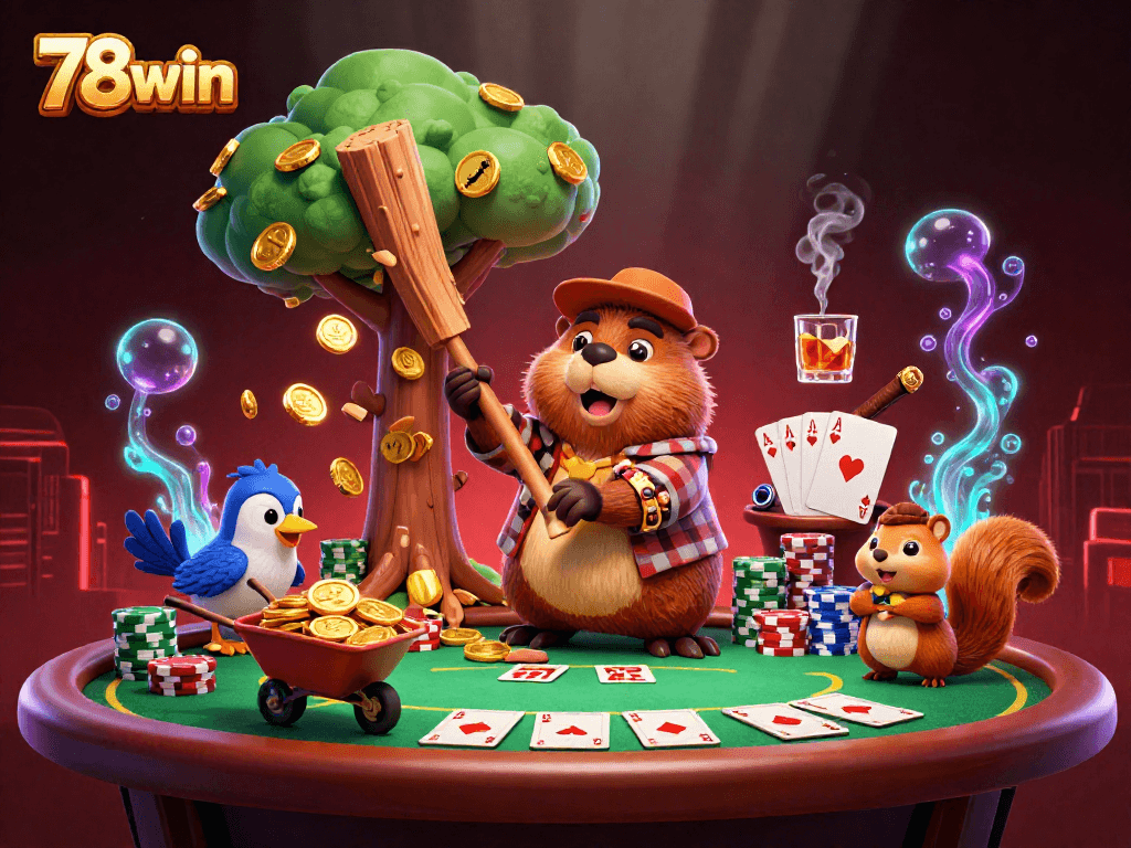 Experience thrilling wins at 78win, where colorful poker chips surround lively characters in a casino scene.