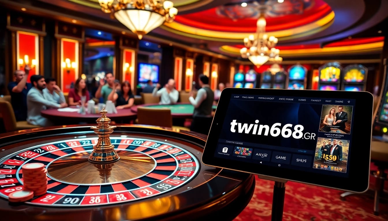 Players enjoying a thrilling game at twin68.gr.com casino, vibrant atmosphere with roulette and poker.