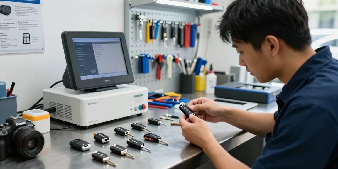 Präziser Autoschlüssel Ersatz: Bitte schön, Schlüsseltechniker im modernen Workshop.