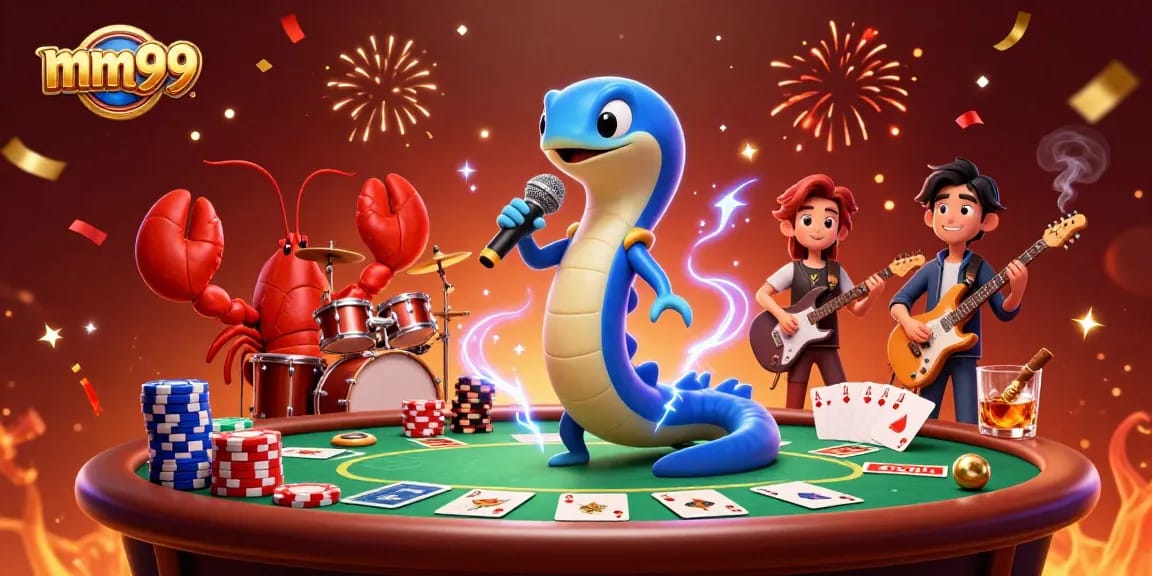 mm99 showcases vibrant underwater casino scene with electric eel DJ, lobster drummer, and seahorse guitarist.