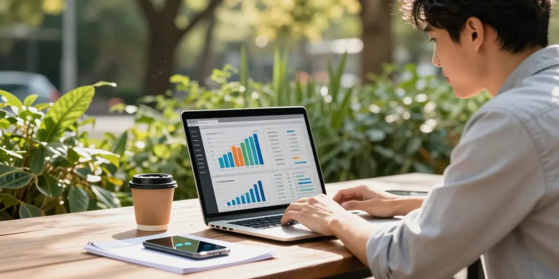 Professionell im Freien an digitalen Marketingstrategien für eine GEO Agentur arbeiten.