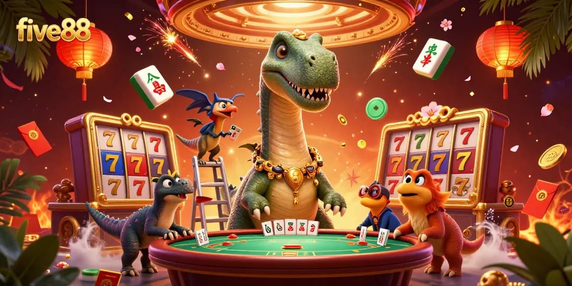 Join the fun at five88 casino with vibrant, dynamic 3D illustration celebrating poker excitement.