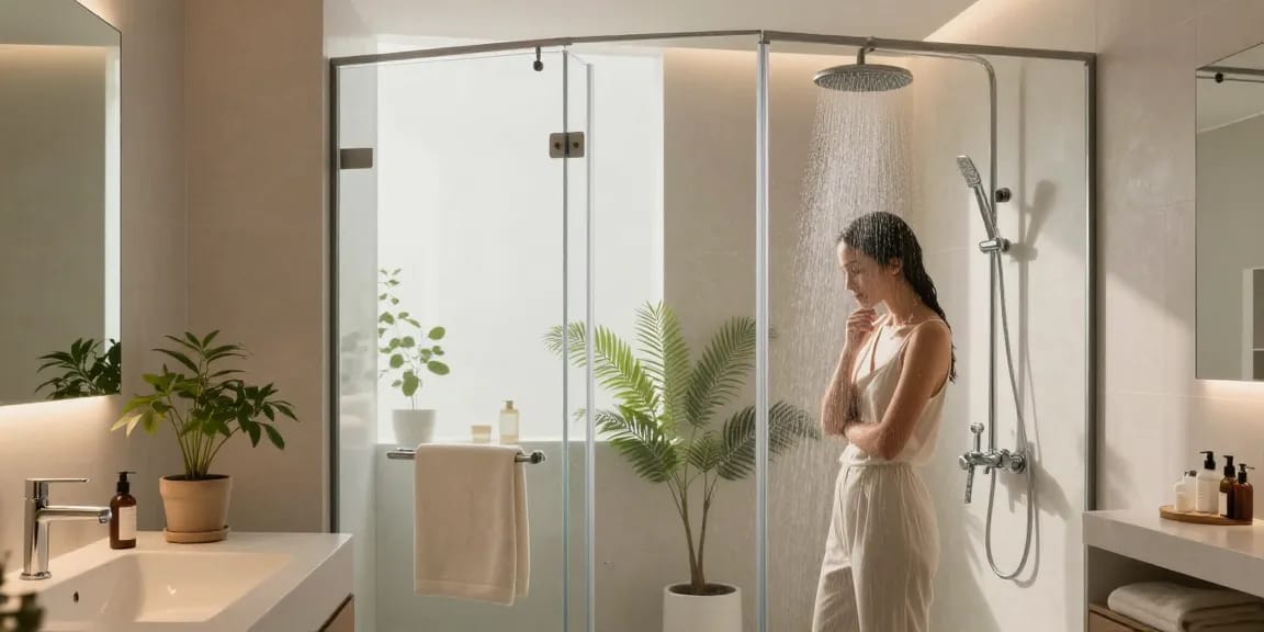 Luxueuze inloopdouche ervaring met elegante armaturen en serene decoratie.