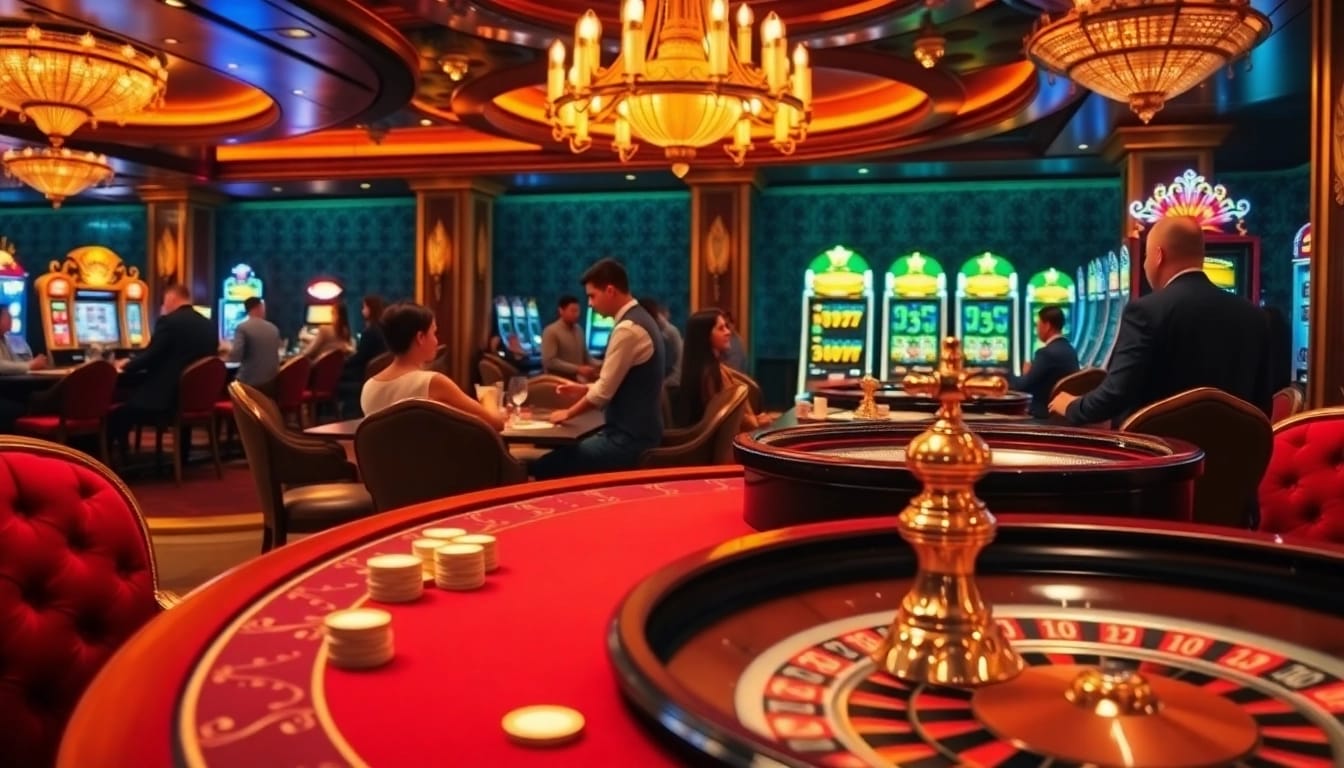 Experience the thrill of winning at https://hz88.life/ with a luxurious casino scene showcasing poker and roulette excitement.