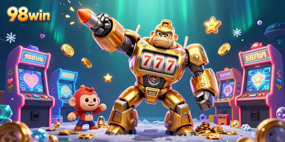 Win big with 98win's thrilling 3D gaming illustration showcasing a golden gorilla mech and explosive coins.