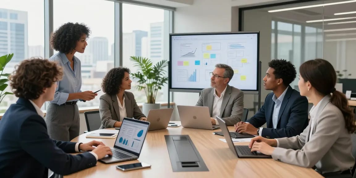Branchenübergreifendes Unternehmer-Verzeichnis discussion among professionals in a modern corporate office.