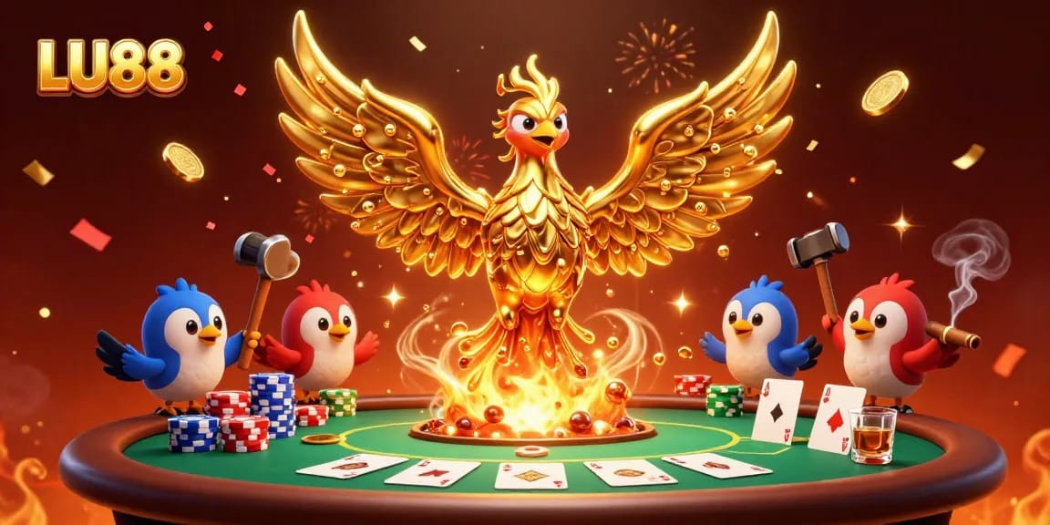 LU88 features a golden phoenix and poker scene filled with excitement and winning moments.