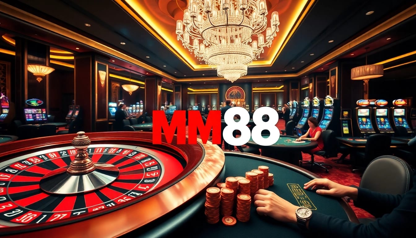 MM88 gaming experience with vibrant casino tables, poker action, and luxurious ambiance.