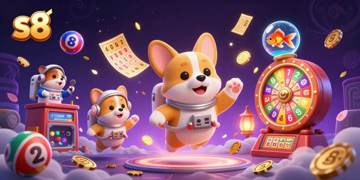 Experience thrilling moments at s8 casino with a floating corgi and vibrant lottery elements.