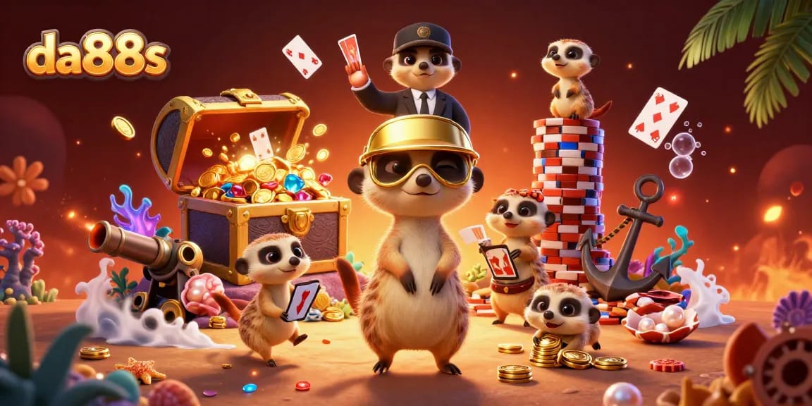 Engage with da88s in a bustling casino scene filled with lively meerkat characters, chips, and treasures.