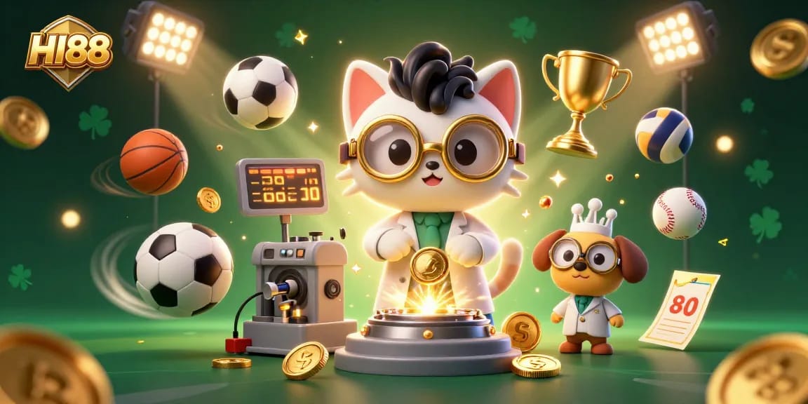Engage in HI88 casino features with a 3D scene of a mad scientist cat and lab dog amidst sports betting elements.