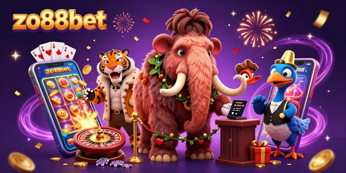 Experience thrilling games at zo88bet with a cartoon casino scene featuring unique characters and vibrant slot elements.