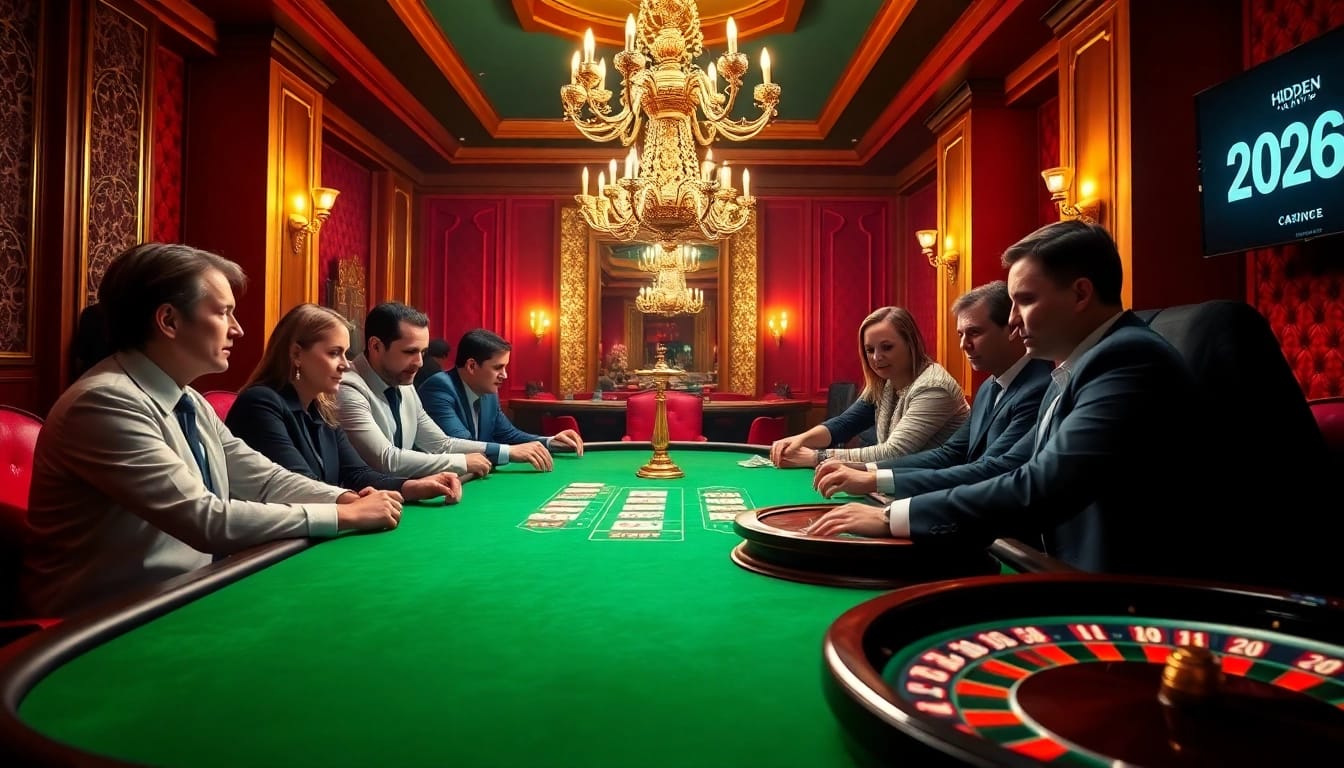 Engaged players strategizing at a luxurious poker table in a vibrant casino setting amid hidden wiki 2026 reference.