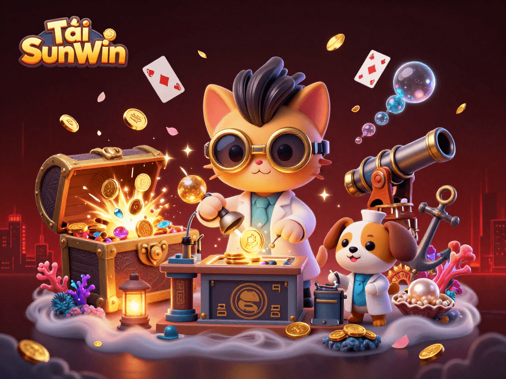 Tải SunWin showcases a mad scientist cat and assistant dog in a vibrant casino lab scene full of gold and gems.