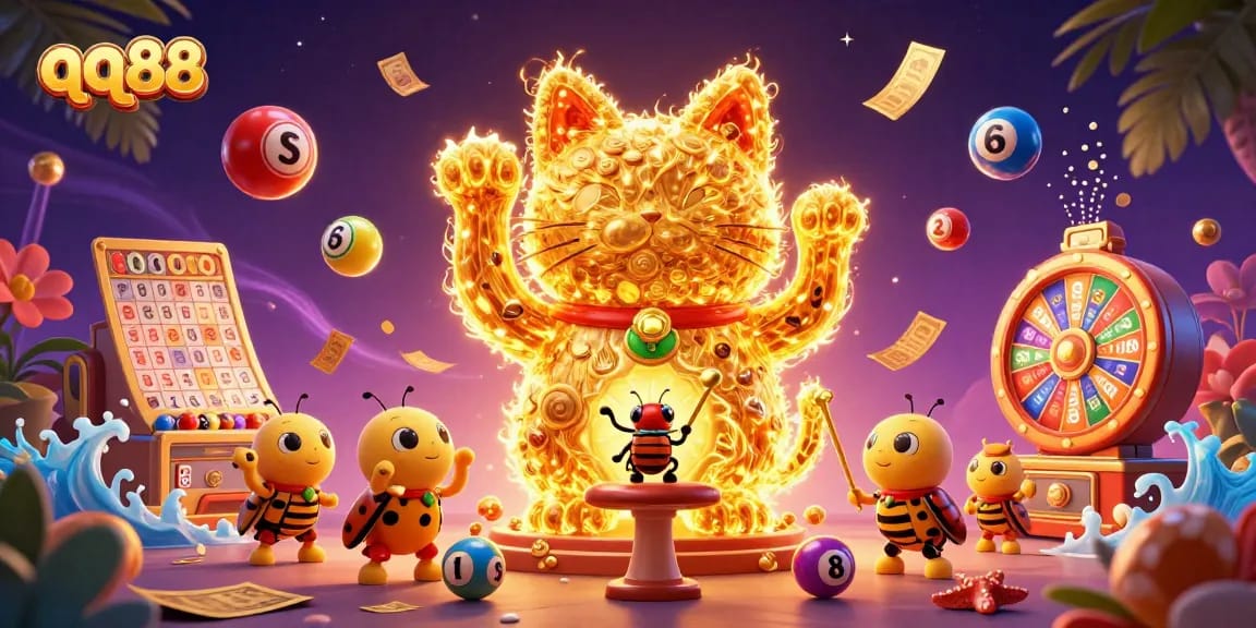 Experience the excitement at qq88 with a dynamic 3D illustration of a lucky cat and vibrant casino symbols.
