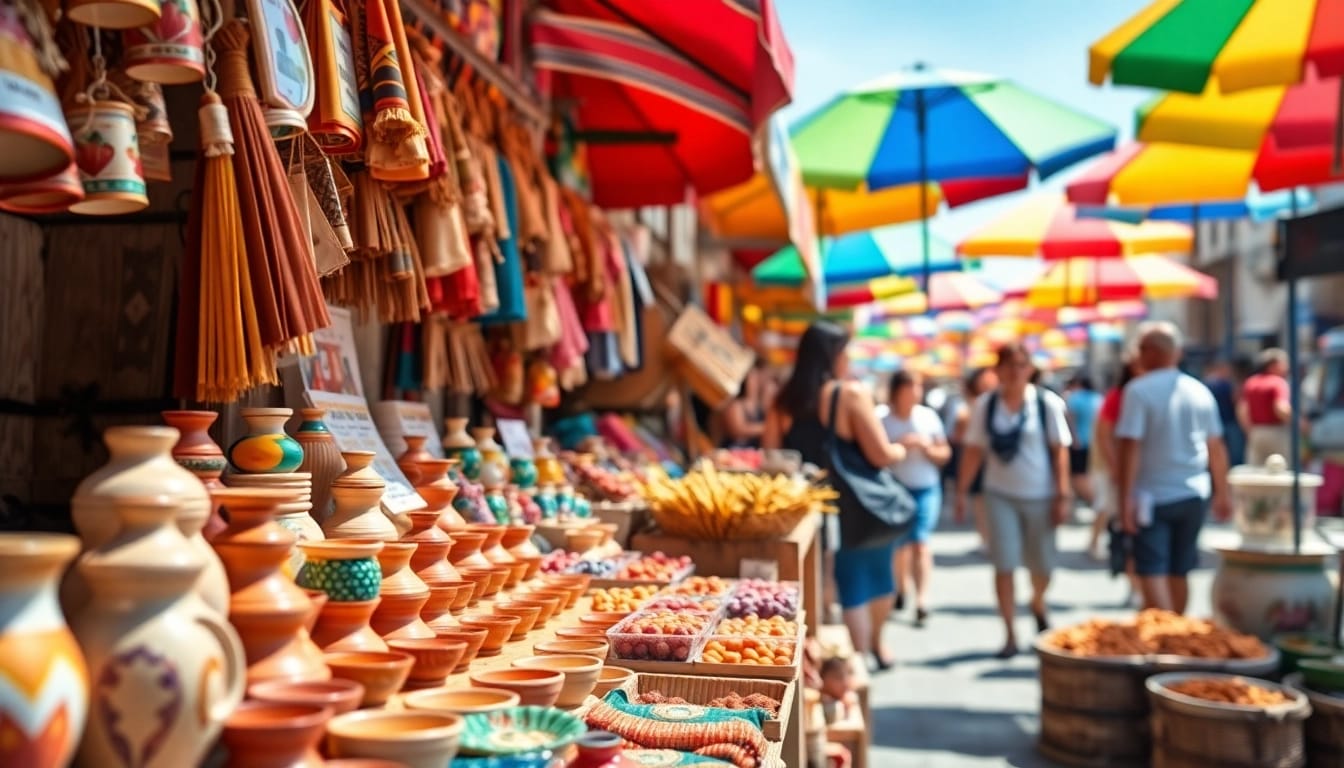 Kaufe einzigartige souvenirs teneriffa auf einem bunten Marktstand mit handgefertigten Produkten.