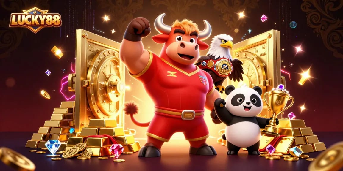 LUCKY88 showcases a dynamic casino scene with a bull mascot, eagle, and panda celebrating victories.