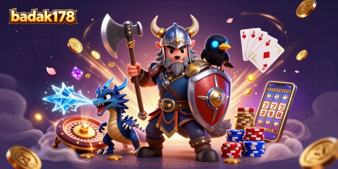 Engage with badak178 gaming adventures featuring a Viking wolf warrior, fierce dragon, and vibrant casino elements.