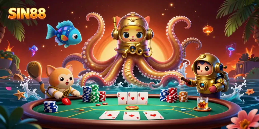 SIN88 immersive poker scene with kraken and diving cat illustrating vibrant underwater gambling.