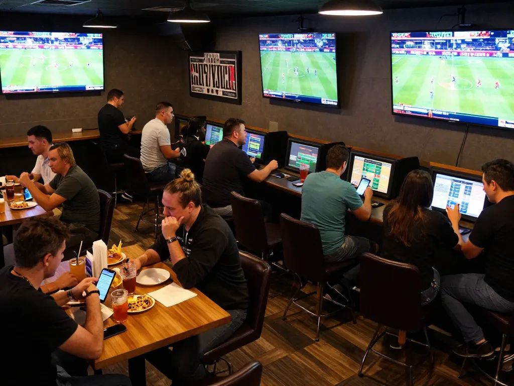 Exciting sports betting scene at https://ok365.br.com with patrons placing live bets in a lively bar.