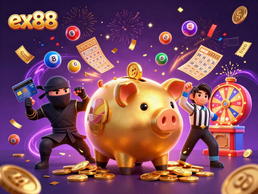 Celebrate wins with ex88 at this vibrant casino-themed illustration featuring a piggy bank and game elements.