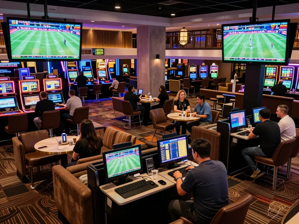Engaged bettors analyzing kèo nhà cái while enjoying a live sports betting experience in a modern casino.