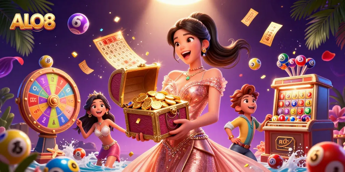 Experience thrilling jackpots at ALO8 with a joyful Asian woman celebrating as treasures overflow from a chest.