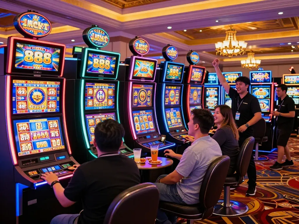Excited players celebrating a win at the Lucky 88 slot machines on a vibrant casino floor.