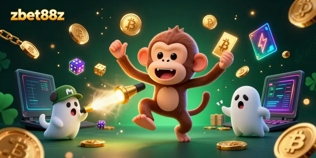 Experience zbet88z's thrilling casino adventure with crypto coins and playful spirits in a vibrant scene.