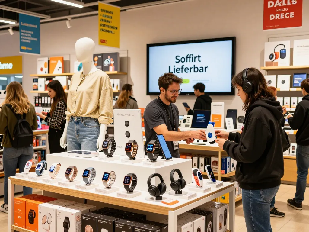 Sofort Lieferbar Produkte in einer lebhaften E-Commerce-Einzelhandelsumgebung mit Käufern und lebhaften Displays