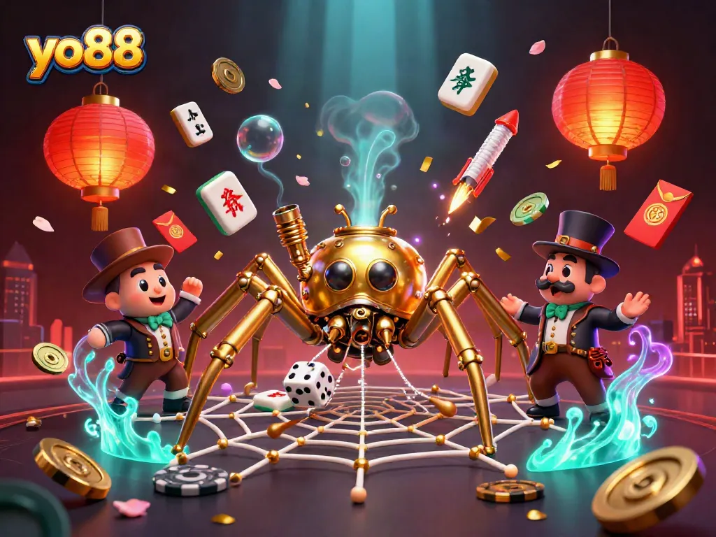 Experience yo88's vibrant casino scene with a steampunk spider and festive gaming elements.