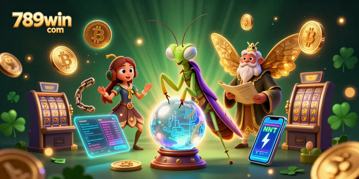 Experience dynamic gaming with 789win com as characters explore slot machines amidst Bitcoin and Ethereum elements.