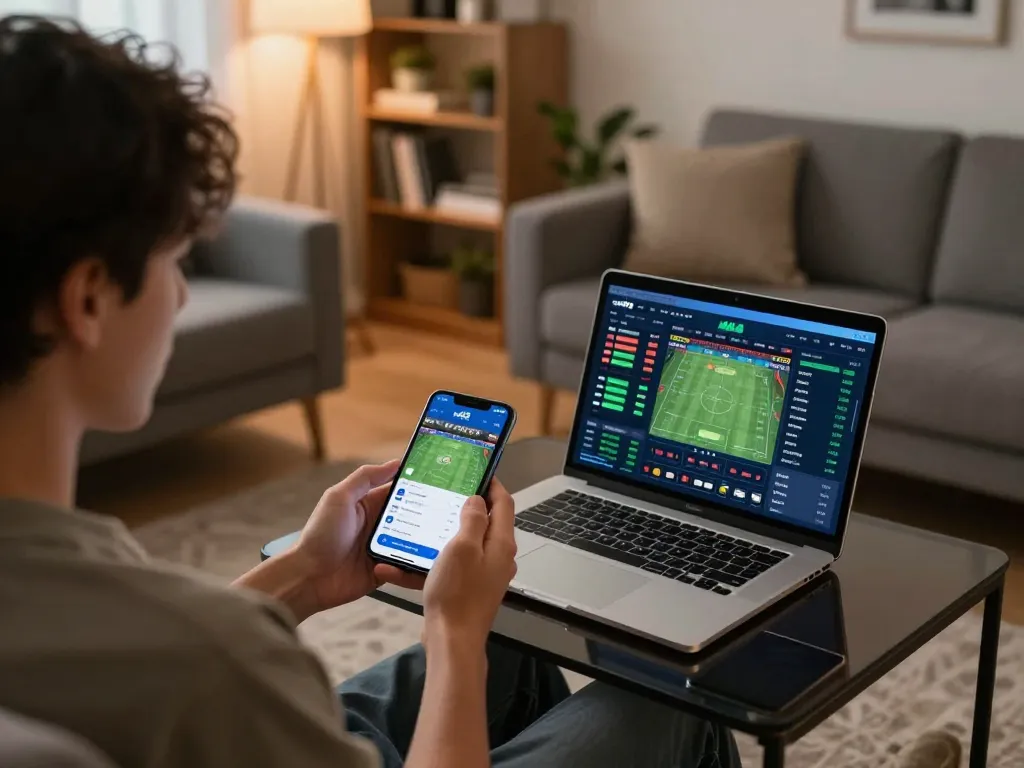 Engaging in mk8 sports betting on a smartphone within a cozy home setting, showcasing excitement and strategy.
