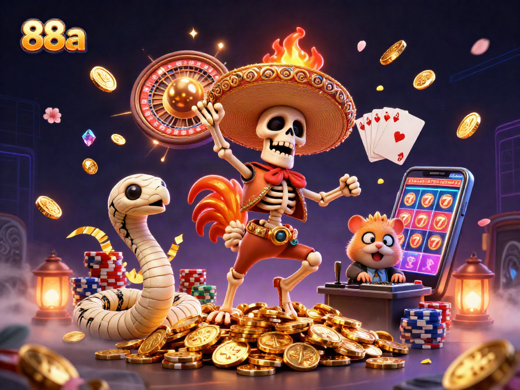Experience the thrilling world of 88aa with a dynamic scene featuring festive characters and casino games.
