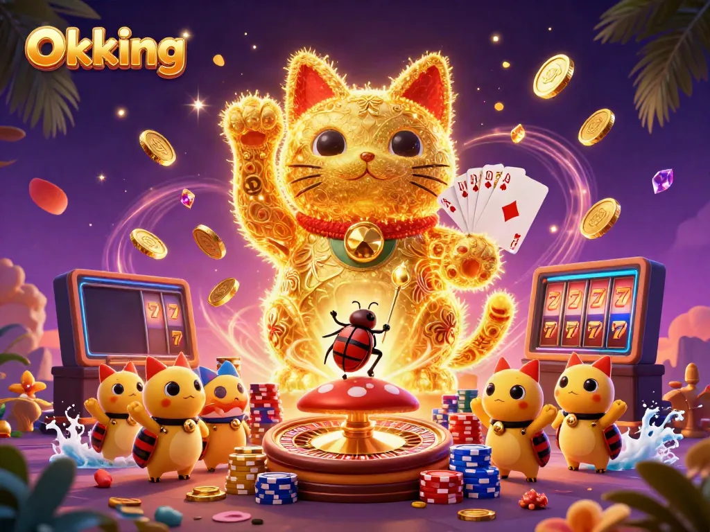 Experience thrilling actions with Okking's lucky cat, vibrant casino symbols, and layers of excitement.