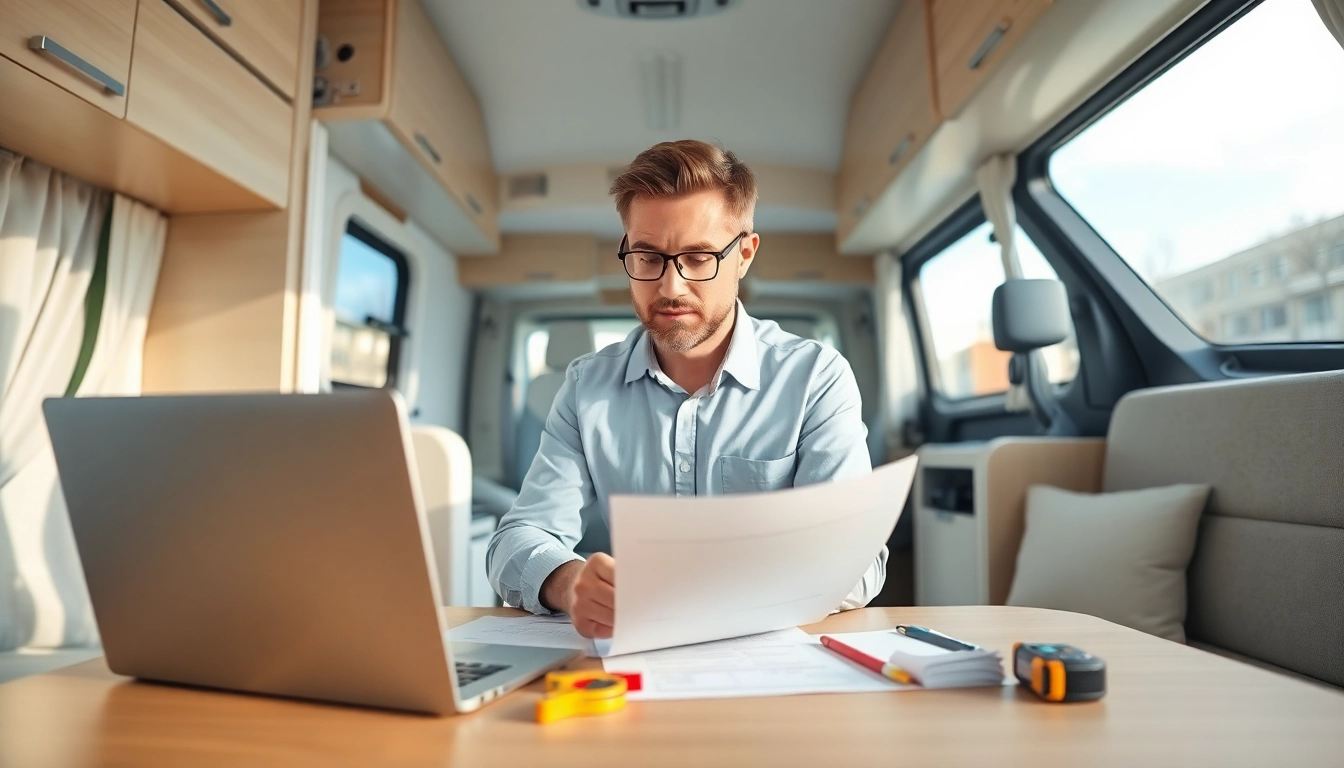Wohnmobil Gutachten Augsburg: Fachkundige Überprüfung eines Wohnmobils in einem modernen Büro.