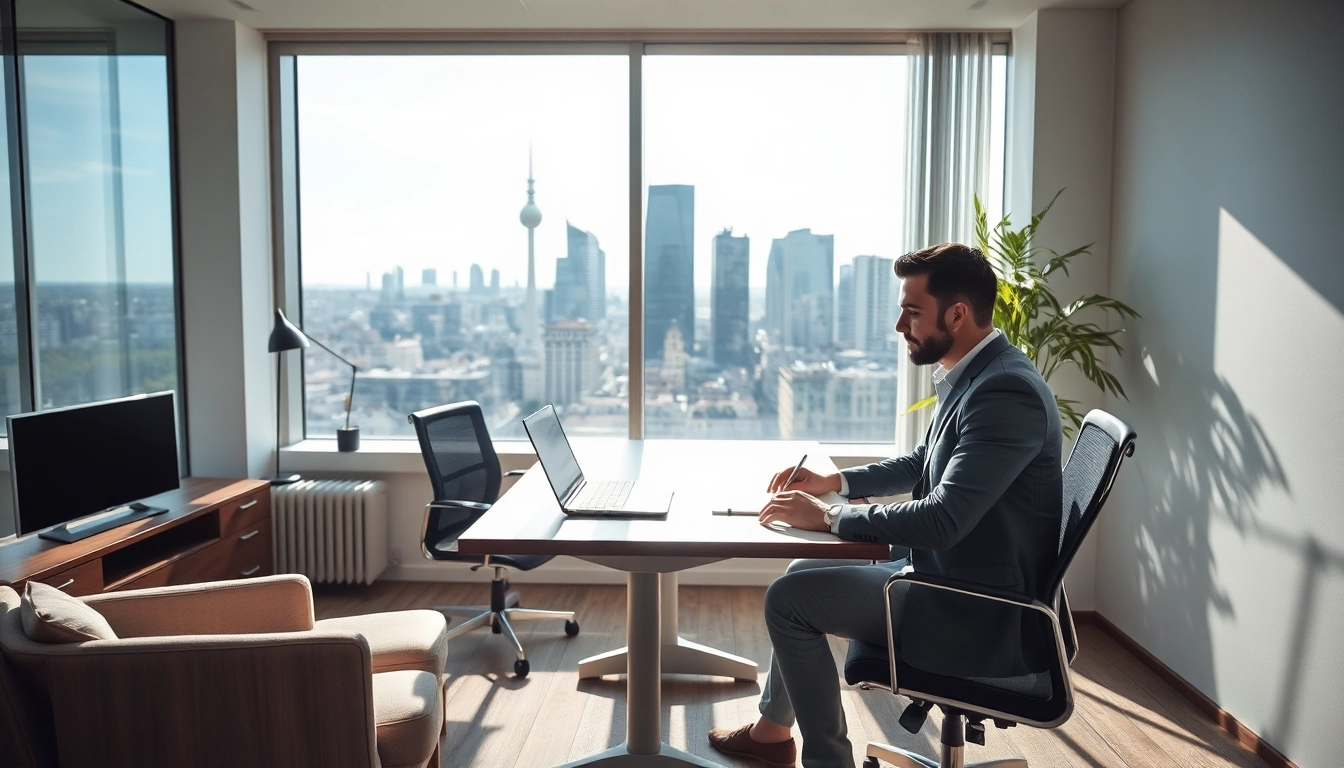 Gestalten Sie eine professionelle Headhunter Berlin Szene mit Bürointerieur und Skyline.