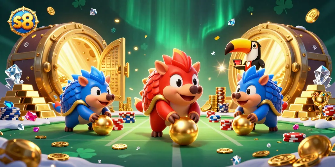 Experience thrilling gameplay at s8 as rival pangolins bowl through poker chips in a vibrant 3D scene.